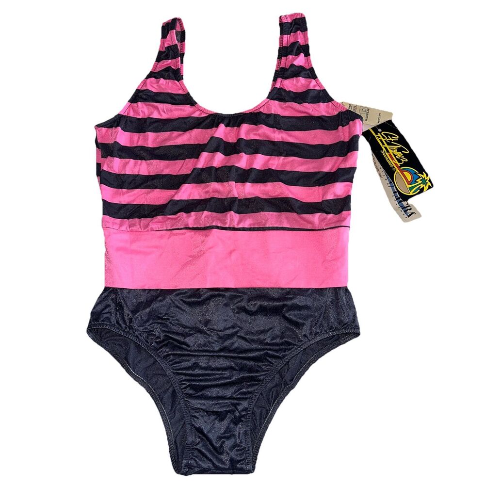 Vtg 80's Pink Gray Striped One Piece Swimsuit NEW Made In USA Workout Leotard